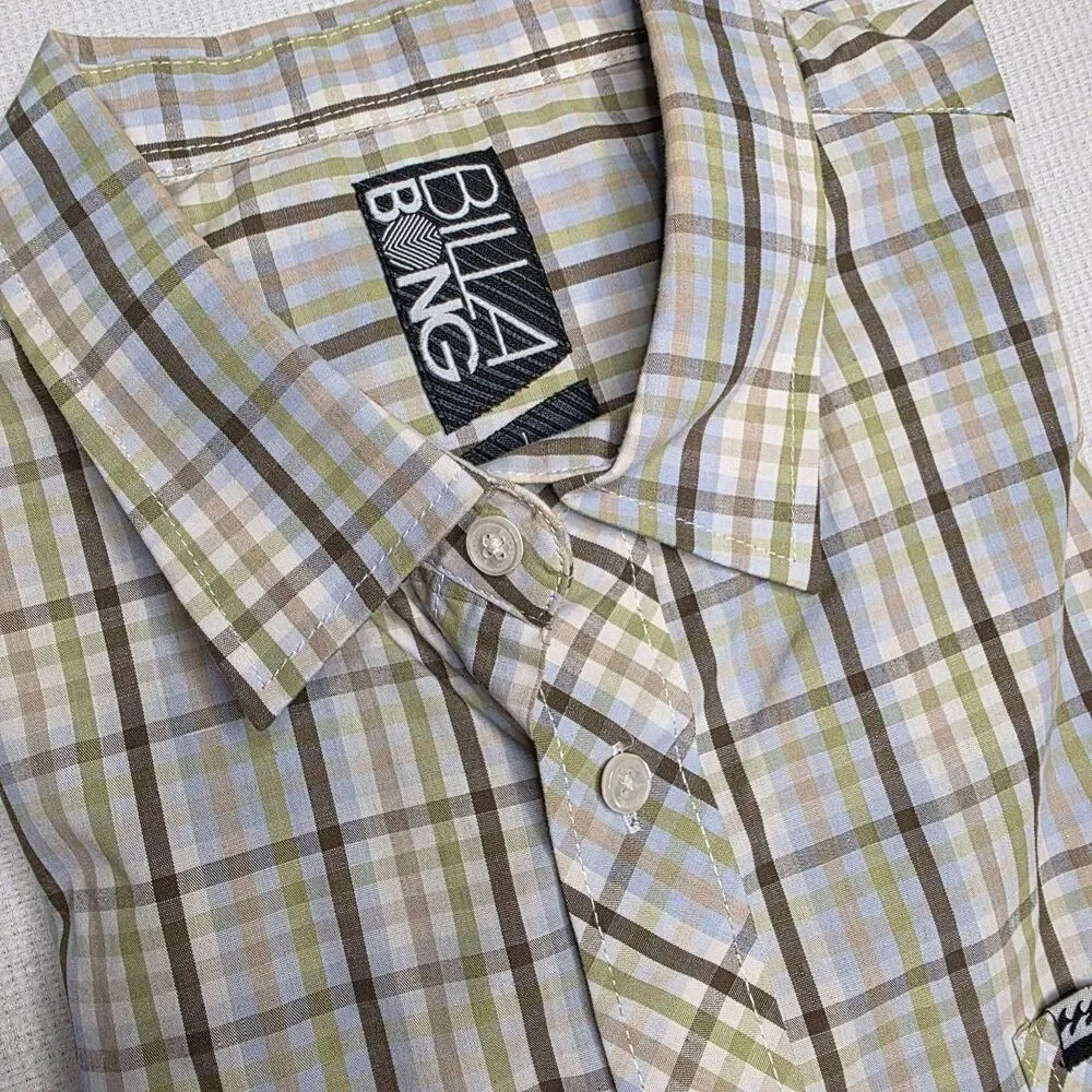 Billabong Men’s M White Olive Green Brown Blue Plaid Shirt SS Button Down